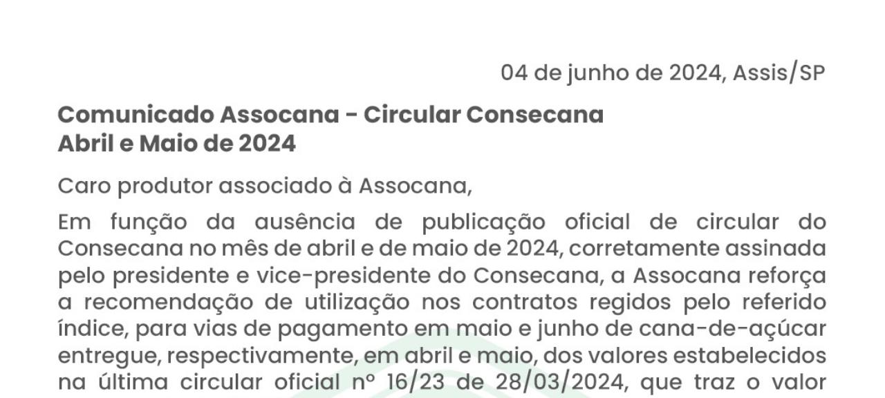 Comunicado Assocana - Circular Consecana Abril e Maio de 2024